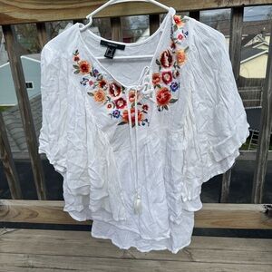 Forever 21 White and Orange Flutter Sleeve Blouse